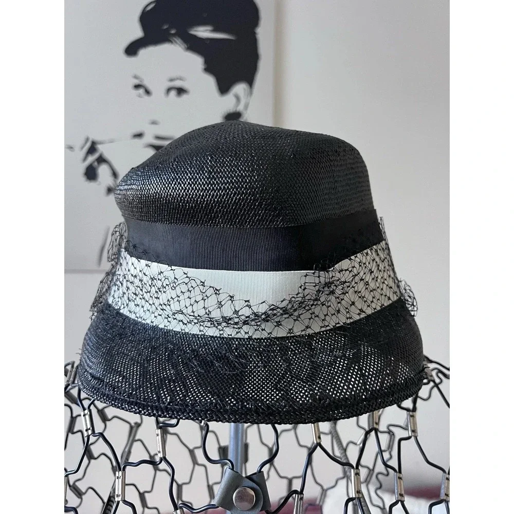 Vintage Black‎ Straw Cloche Hat with Net Veil and Grosgrain Ribbon Bow
